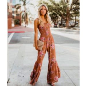 Vici-smocked bell bottom jumpsuit